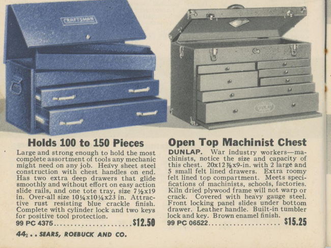 1942 Craftsman catalog page showing Dunlap machinists box