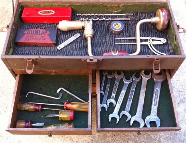 Dunlap machinist's box top, screwdrivers and wrenches