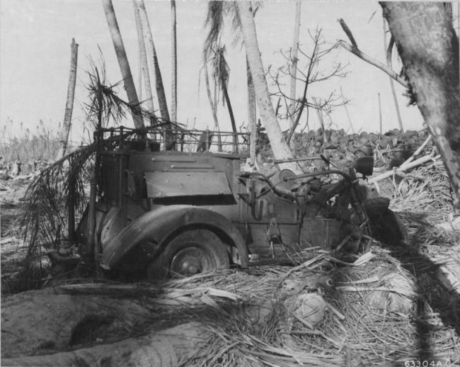 Japenese fire engine with a motorcycle. Kwajalein, Marshall Islands. 5 Febr