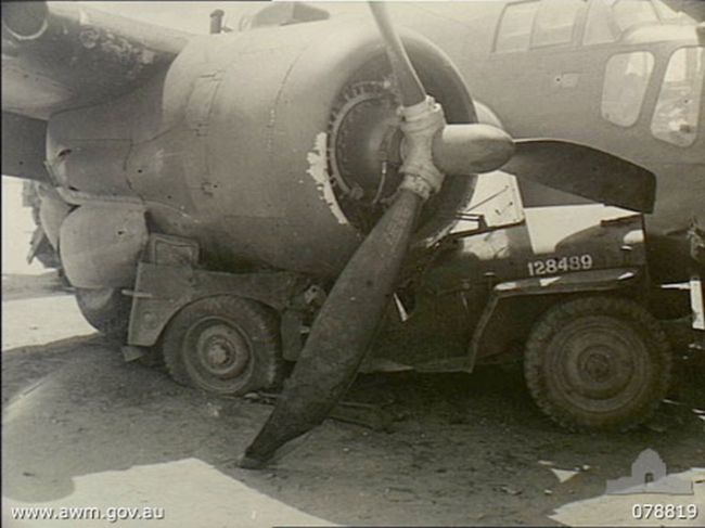 A badly smashed Australian Army jeeps