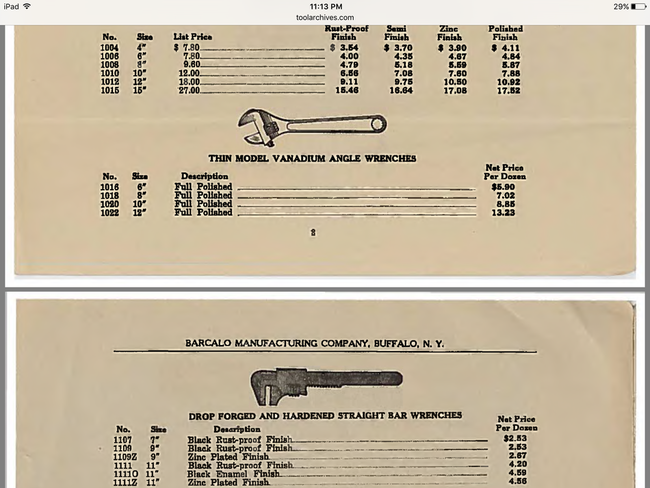 1937 Barcalo auto wrench listing