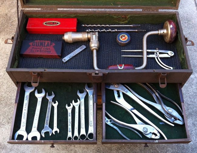 Dunlap machinist's box top, wrenches and pliers