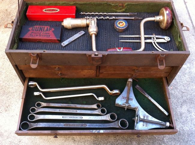 Dunlap machinist's box top, DBE wrenches and corner clamp