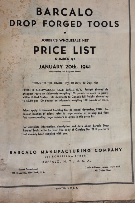 1941 Barcalo price list cover