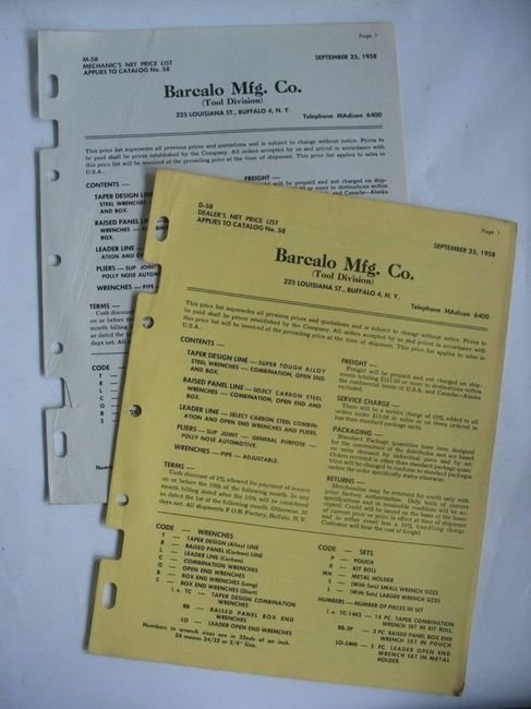 Barcalo 1958 price sheets