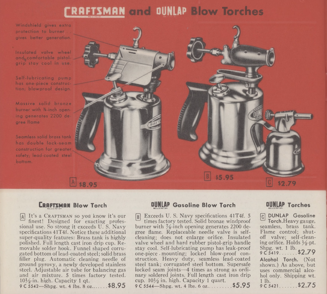 Craftsman and Dunlap blowtorch listing in '49