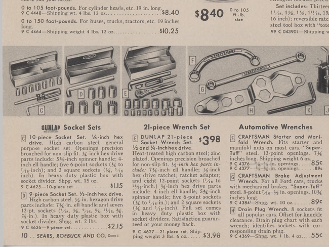 Dunlap Hex drive set catalog page from '58