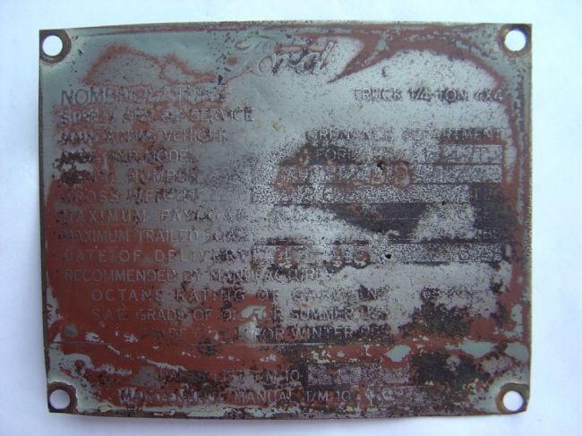 1943 Ford GPW Data Plate