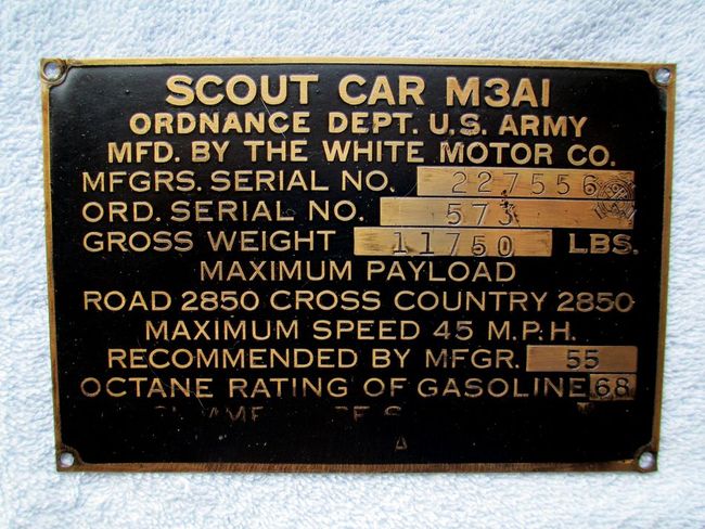 M3A1 Scout Car Dataplate