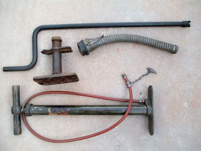 WW2 Jack, Crank, Tire Pump, Fuel Nozzle