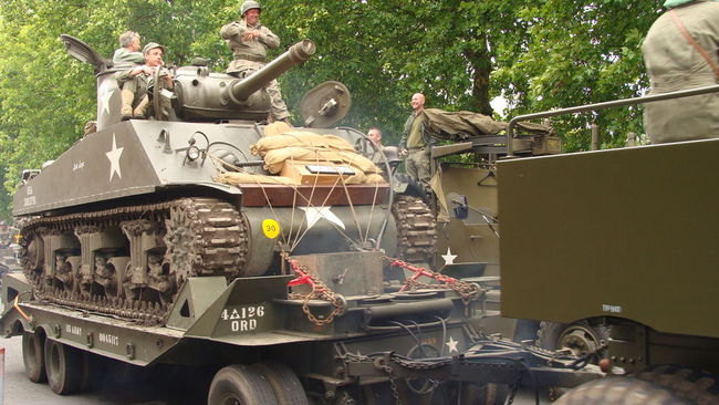 Military parade at Tanks in Town , Mons , Belgium