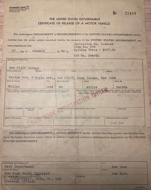 1944 MB 345964 Bill of Sale from the New York Naval Shipyard
